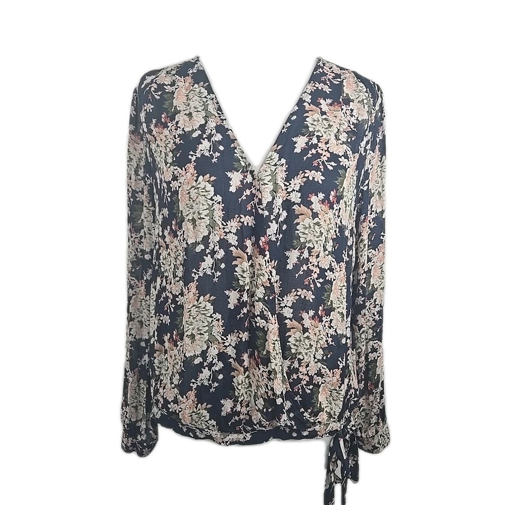 Lucky Brand Women's Small Tab Sleeve Blue Floral Faux Wrap Blouse Layering Top
